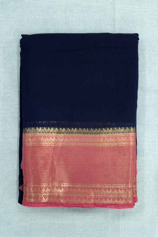Mal Mal Cotton Saree – Navy Blue Body with Rose Border & Golden Work
