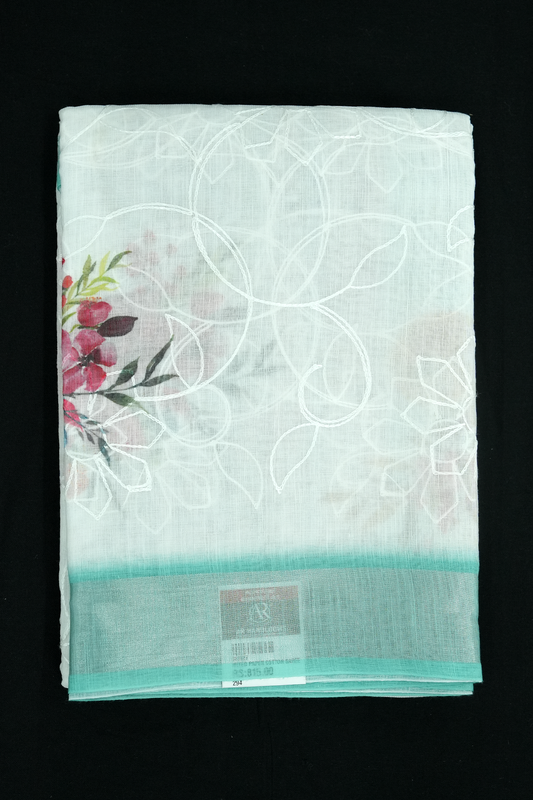 Christmas Collection Saree – Cyan with Embroidery & Floral Digital Print
