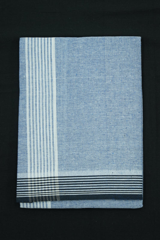 Single Dhothi (Kaily #0024) – Pastel Blue with White Lines Kara & Navy Border