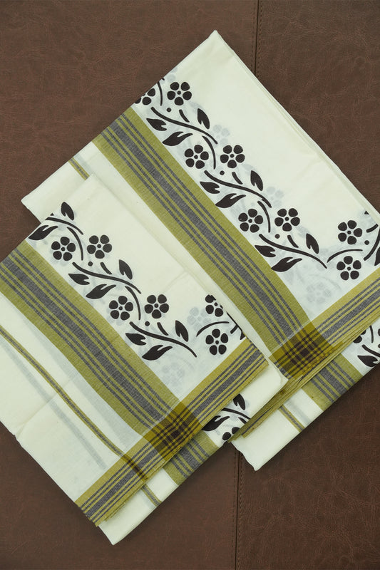 Mulloth Set Mundu – Green Kara with Coffee Brown Leaf & Floral Motifs
