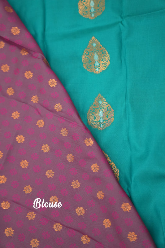 Soft Silk Saree with Copper Zari – Peacock Green and Vadamalli