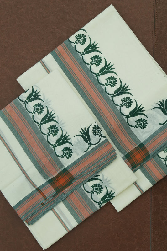 Mulloth Set Mundu – Green Grace with Orange Bloom
