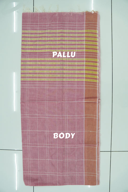 Cotton Saree – Deep Coral with Golden Zari Lines