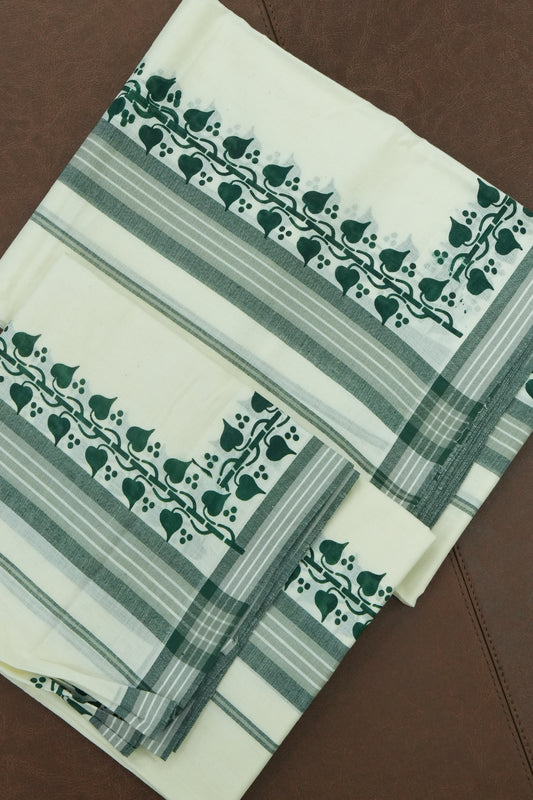 Mulloth Set Mundu – Green Kara with Leaf & Vine Print