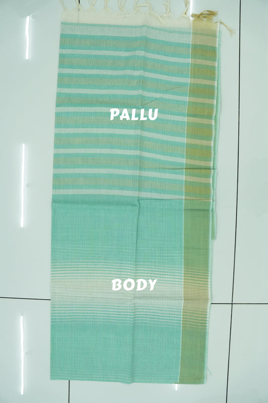 Cotton Saree – Aquamarine with Golden Zari Lines