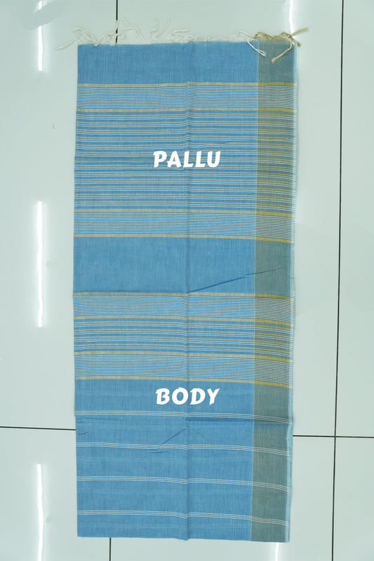 Cotton Saree – Blue with Golden Zari Lines