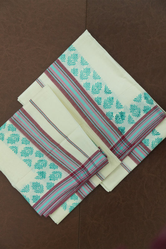 Mulloth Set Mundu – Maroon & Cyan Floral Elegance