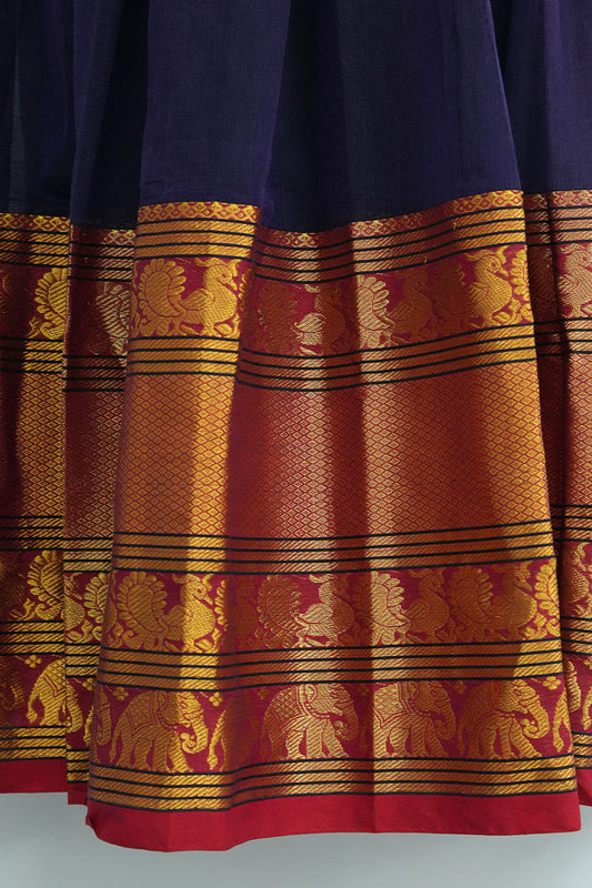 Narayanpet Cotton Dhavani Set – Indigo Skirt with Maroon Dupatta