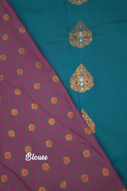 Soft Silk Saree with Copper Zari – Peacock Blue and Vadamalli