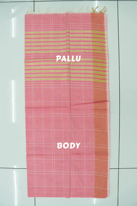 Cotton Saree – Coral with Golden Zari Lines
