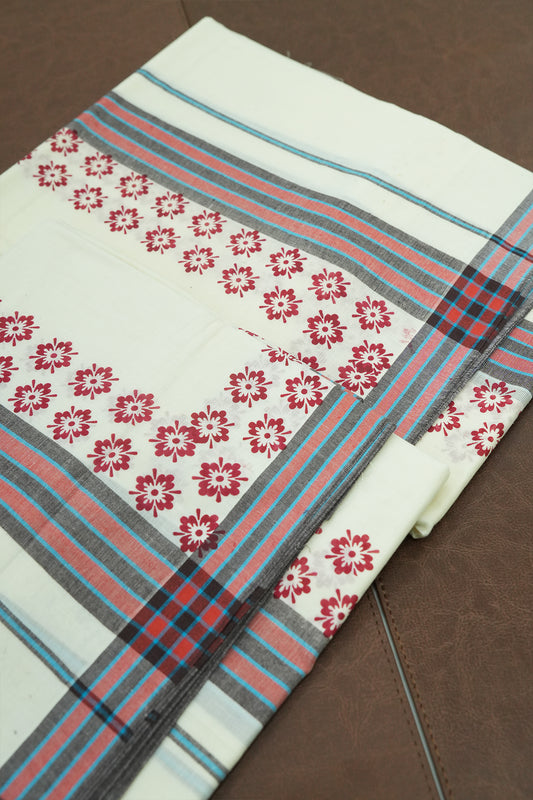 Mulloth Set Mundu – Brown Kara with Blue Lines & Red Motif Prints