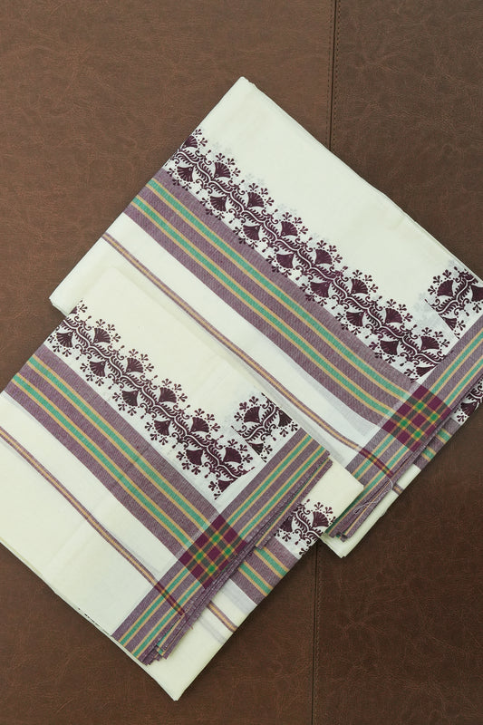 Mulloth Set Mundu – Brown & Maroon Print with Green Lines