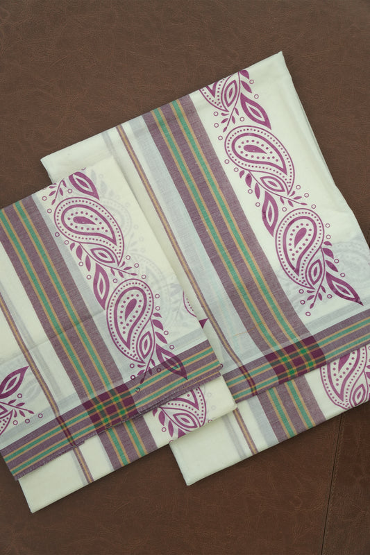 Mulloth Set Mundu – Magentha Bloom with Green Kara Border