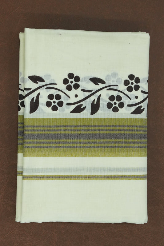 Mulloth Set Mundu – Green Kara with Coffee Brown Leaf & Floral Motifs