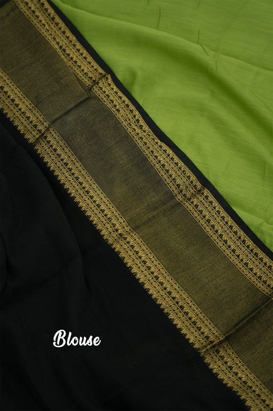 Mal Mal Cotton Saree – Light Green Body with Black Border & Golden Work