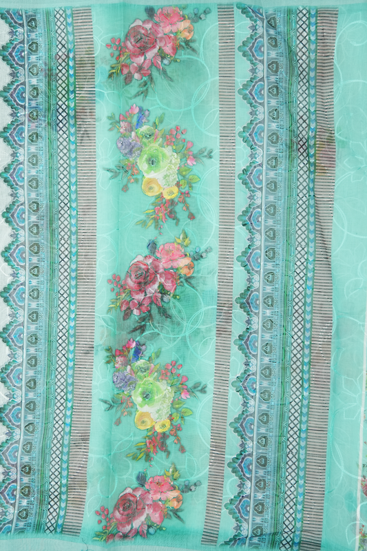 Christmas Collection Saree – Cyan with Embroidery & Floral Digital Print