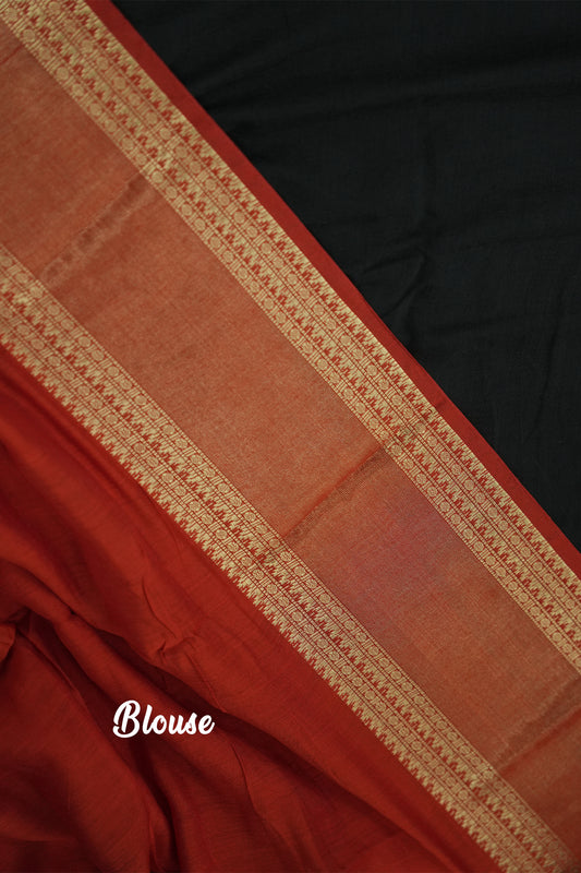 Mal Mal Cotton Saree – Black Body with Red Border & Golden Work