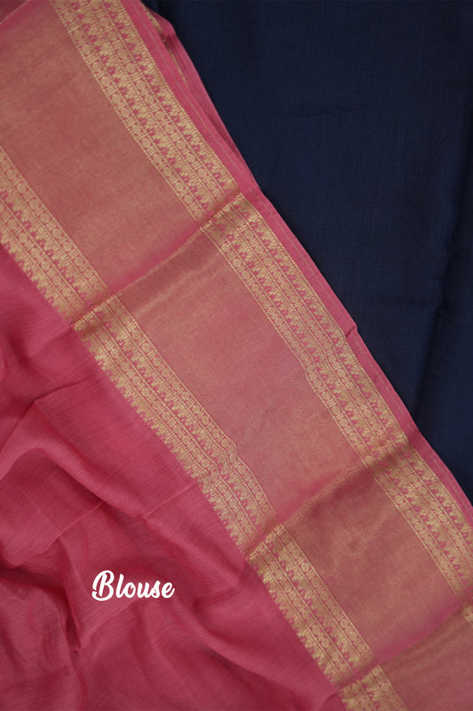 Mal Mal Cotton Saree – Navy Blue Body with Rose Border & Golden Work