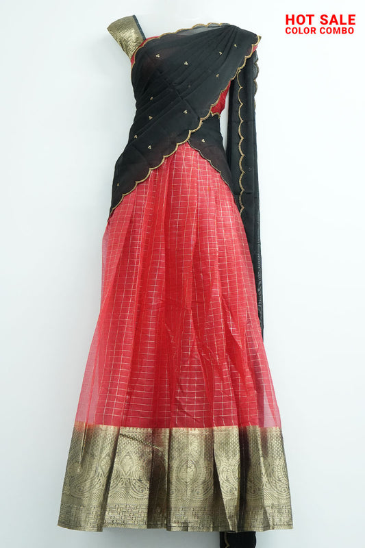 Organza Dhavani Set – Red & Black