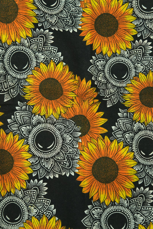 Black Theme Dhavani Set – White & Color Sunflower Print (golden tissue material)