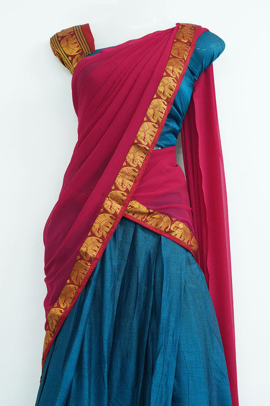 Narayanpet Cotton Dhavani Set – Light Blue Skirt with Rose Pink Dupatta