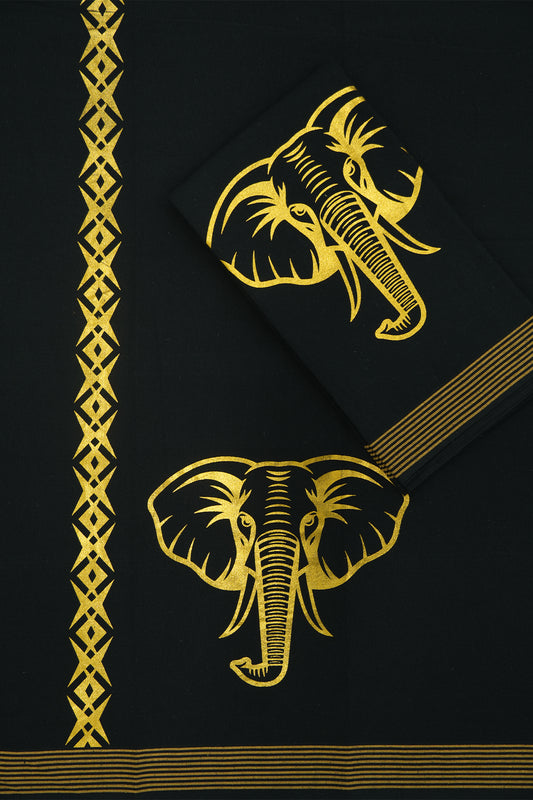 Golden Elephant Print Single Dhothi – Majestic Elegance in Black