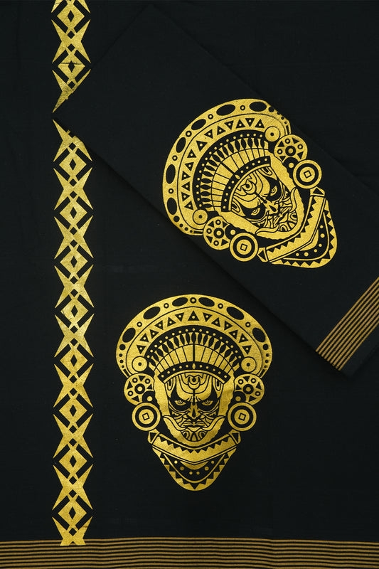 Golden Theyyam Print Single Dhothi – Spiritual Power in Black