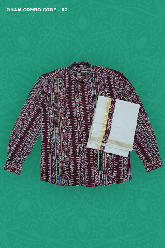 Men’s Onam Combo Set – Coffee Brown Ajrakh Print Shirt with Matching Dhoti (MOC02)