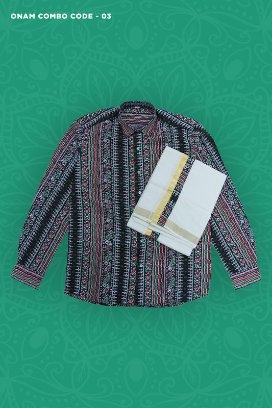 Men’s Onam Combo Set – Dark Green Ajrakh Print Shirt with Matching Dhoti (MOC03)