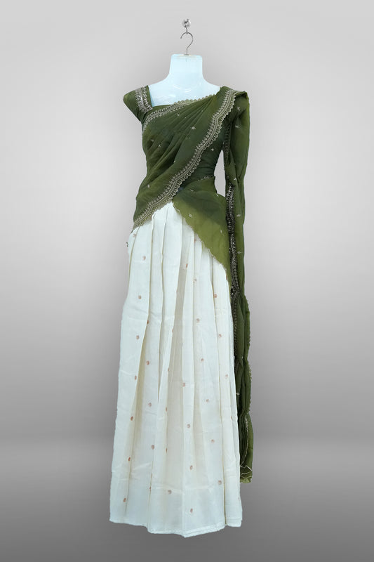 Moss Green Viscose Shimmer Dhavani Set with Crush Tissue Dupatta D009