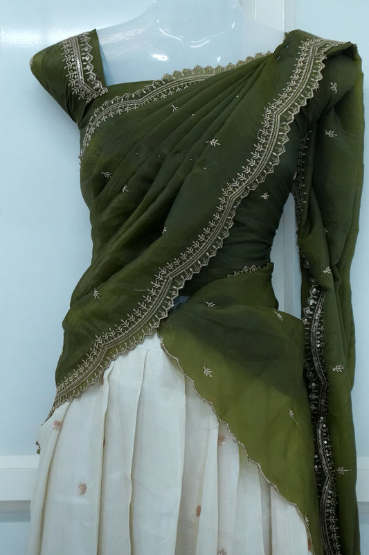 Moss Green Viscose Shimmer Dhavani Set with Crush Tissue Dupatta D009