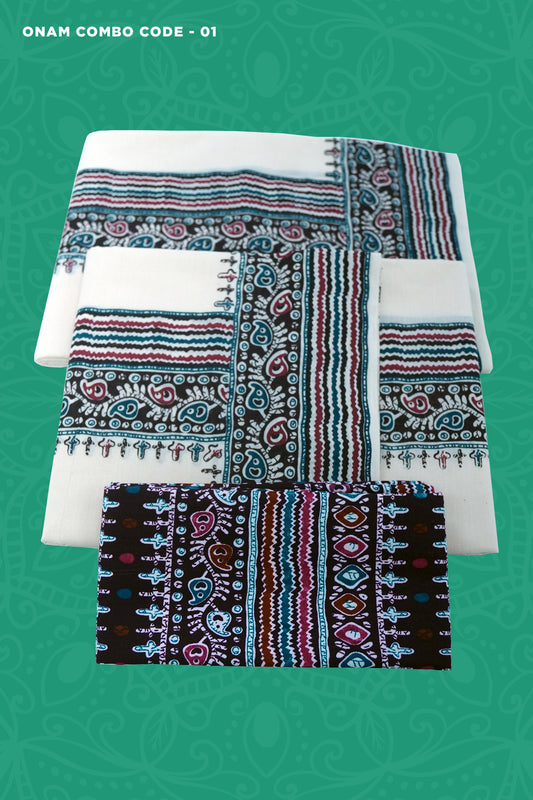 Ladies Onam Combo Set – Set Mundu with Dark Color Print Blouse (OLC01) Onam Pre Booking