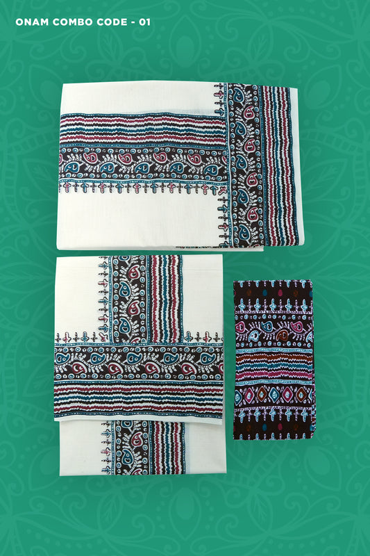 Ladies Onam Combo Set – Set Mundu with Dark Color Print Blouse (OLC01) Onam Pre Booking