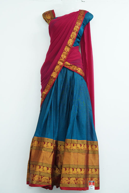 Narayanpet Cotton Dhavani Set – Light Blue Skirt with Rose Pink Dupatta